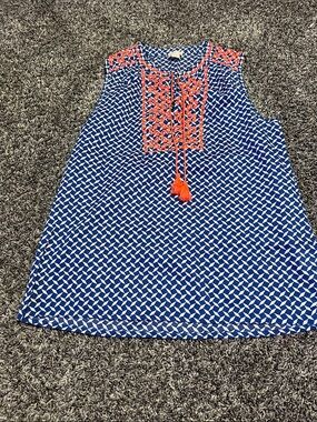 J. Crew Navy and White Geometric Tunic with Coral Embroidery